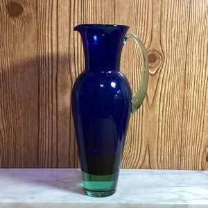 Vintage Royal Copenhagen Cobalt Blue with Green Base and Handle Glass Pitcher